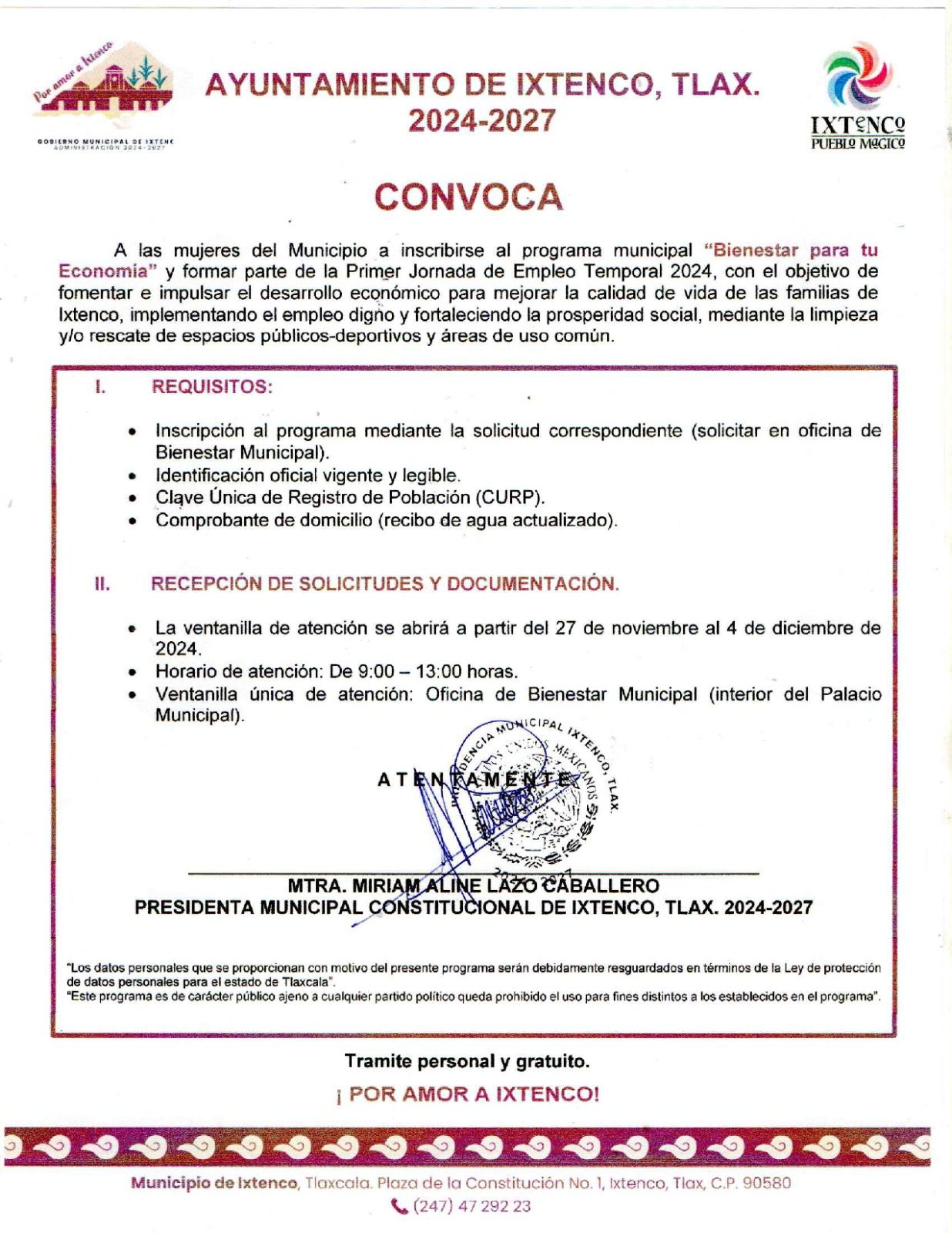 Con el objetivo de fomentar e impulsar el bienestar y desarrollo económico para mejorar la calidad de vida de las familias de Ixtenco, el Gobierno Municipal, que encabeza Aline Lazo Caballero, anunció la primera jornada de empleo temporal de este 2024.