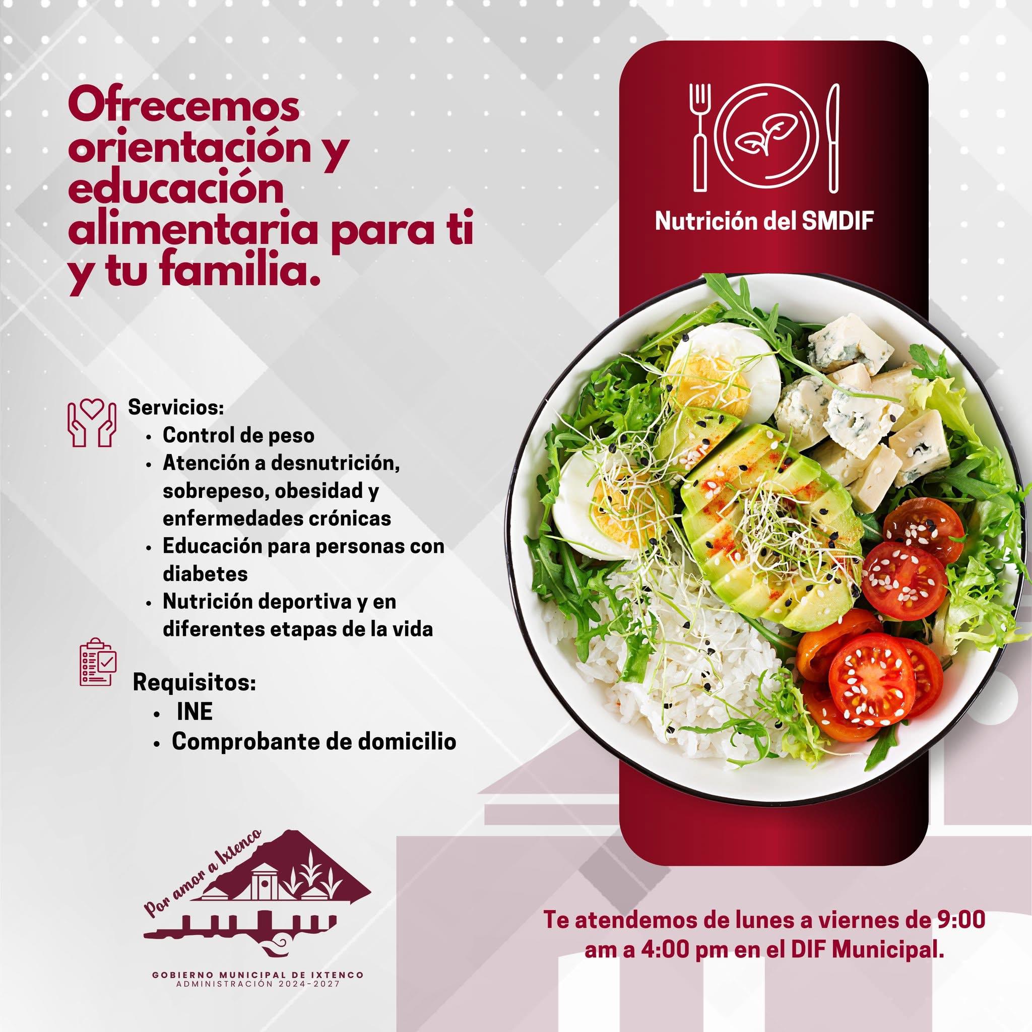 El Gobierno Municipal de Ixtenco, liderado por la presidenta municipal Aline Lazo Caballero, a través del Sistema Municipal DIF, ofrece a la población un servicio gratuito de nutrición pensado para ti y tu familia. Este programa busca fomentar hábitos alimenticios saludables y atender diversas necesidades relacionadas con la salud y el bienestar integral.