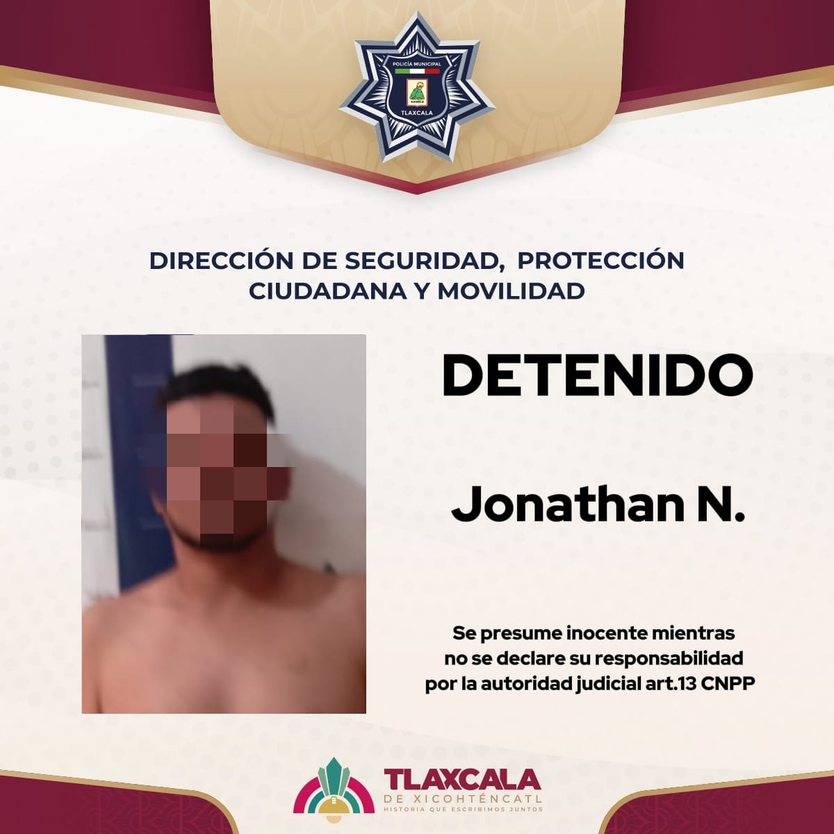 POLICÍA MUNICIPAL DE TLAXCALA ASEGURA EN ATLAHAPA A PERSONA CON ANTECEDENTES DELICTIVOS Y ESTANCIA ILEGAL EN EL PAÍS
