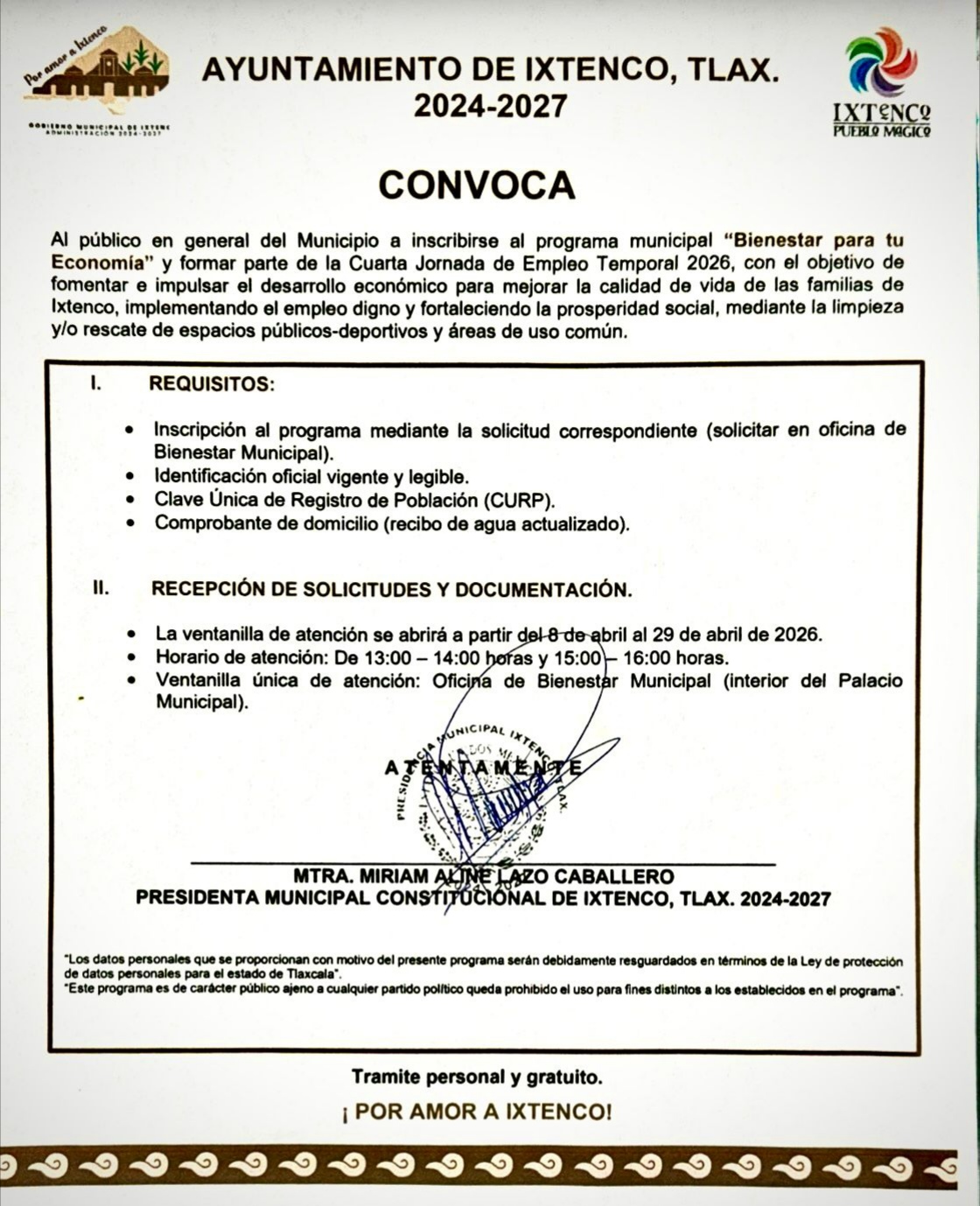 Abre Ayuntamiento de Ixtenco convocatoria para la Cuarta Jornada de Empleo Temporal 2026