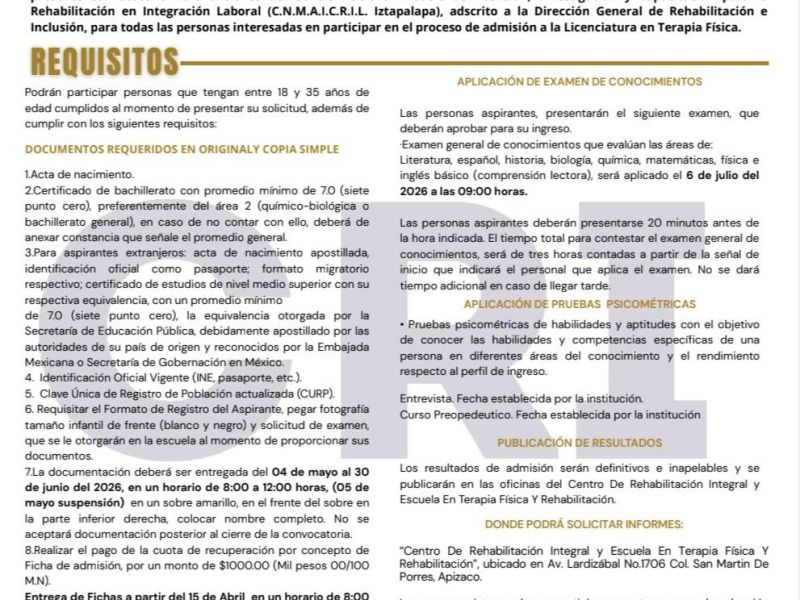 INICIA ENTREGA DE FICHAS PARA INGRESO 2026 A LA LICENCIATURA EN TERAPIA FÍSICA DEL CRI