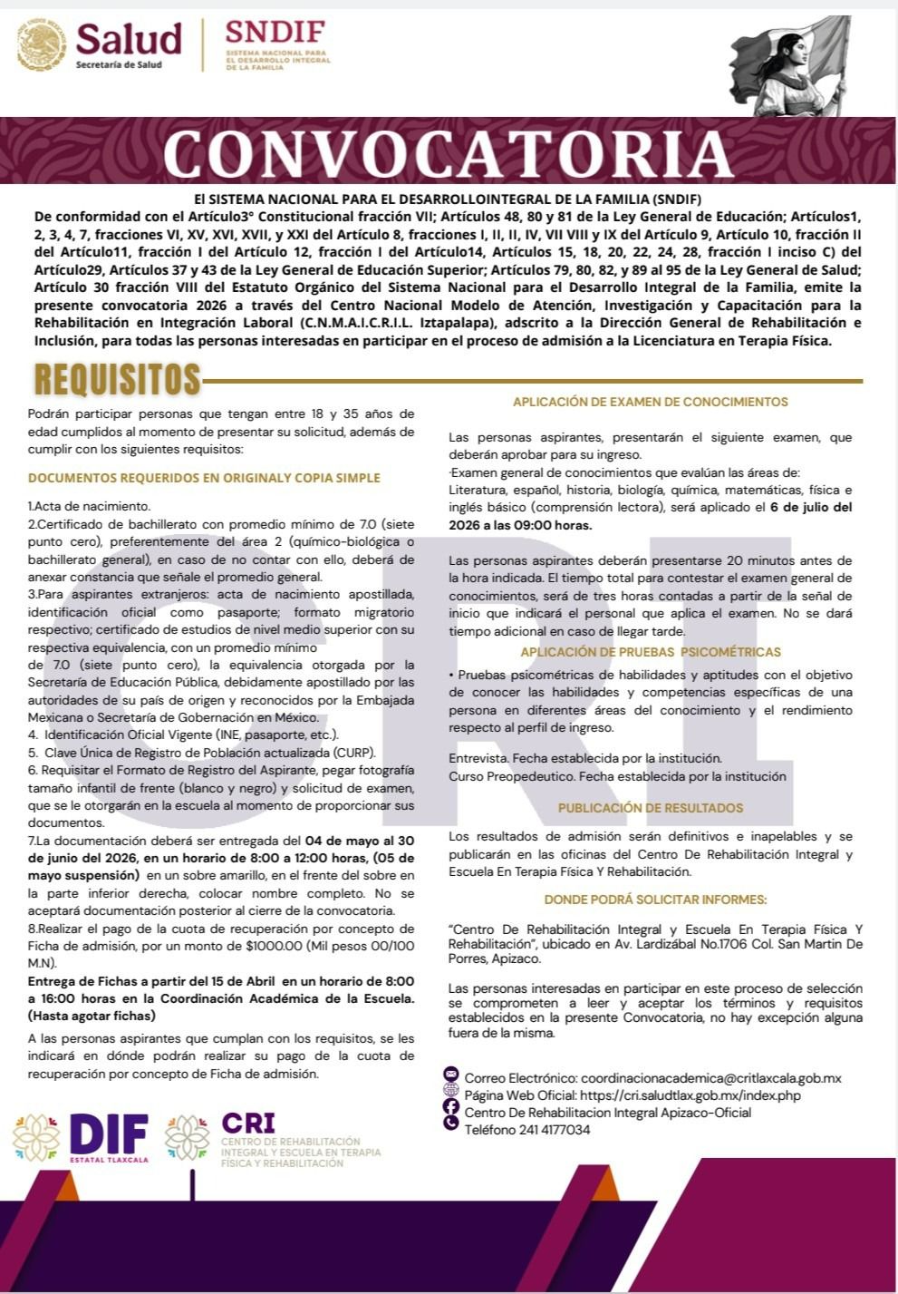 INICIA ENTREGA DE FICHAS PARA INGRESO 2026 A LA LICENCIATURA EN TERAPIA FÍSICA DEL CRI