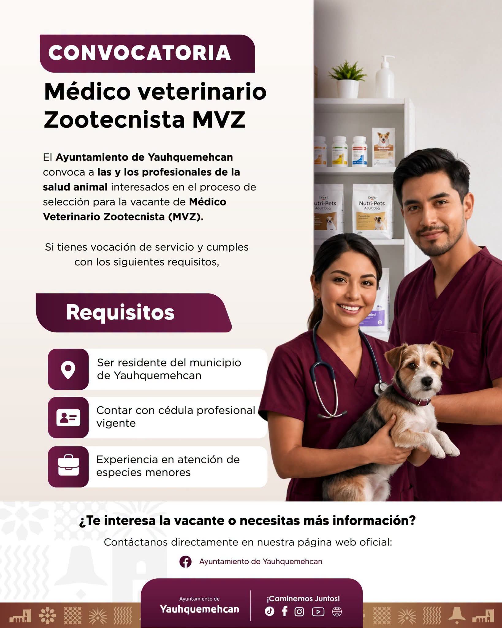 Ayuntamiento de Yauhquemehcan abre vacante para Médico Veterinario Zootecnista