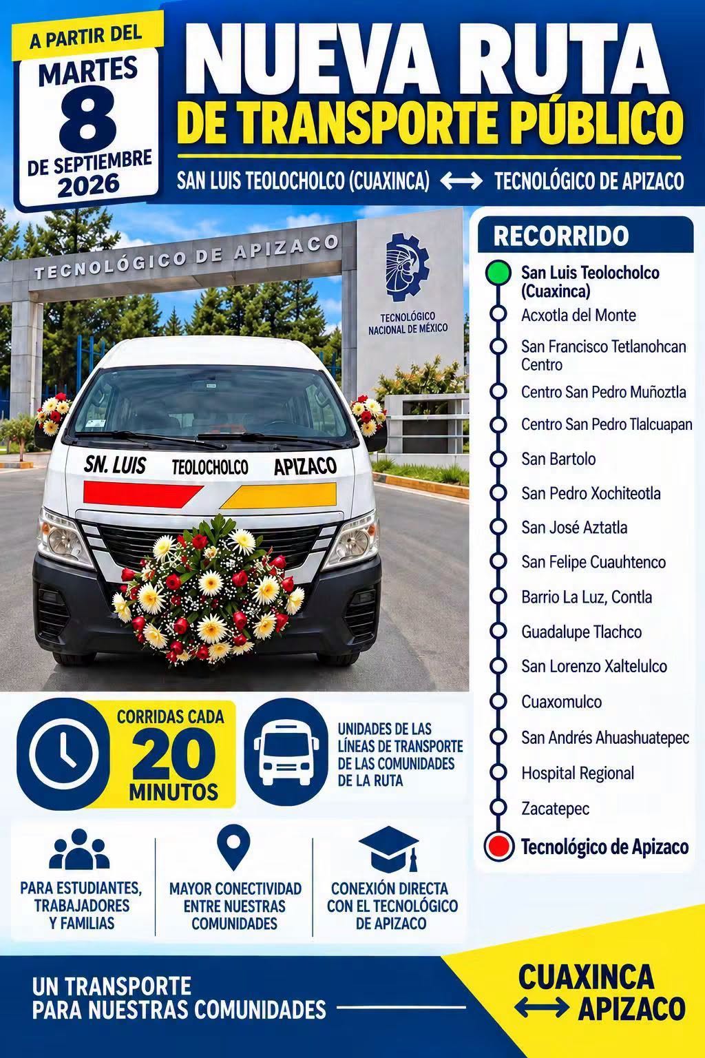 Inicia operaciones la nueva ruta de transporte San Luis Cuaxinca – Tecnológico de Apizaco